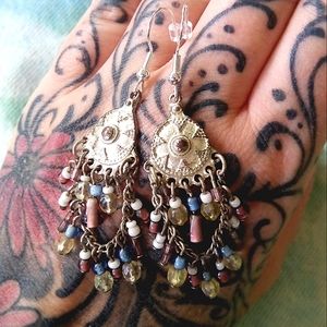 ❤ Vintage Gypsy Glass & Crystal Bead Silver Chandelier Earrings .925 Fish Hooks!